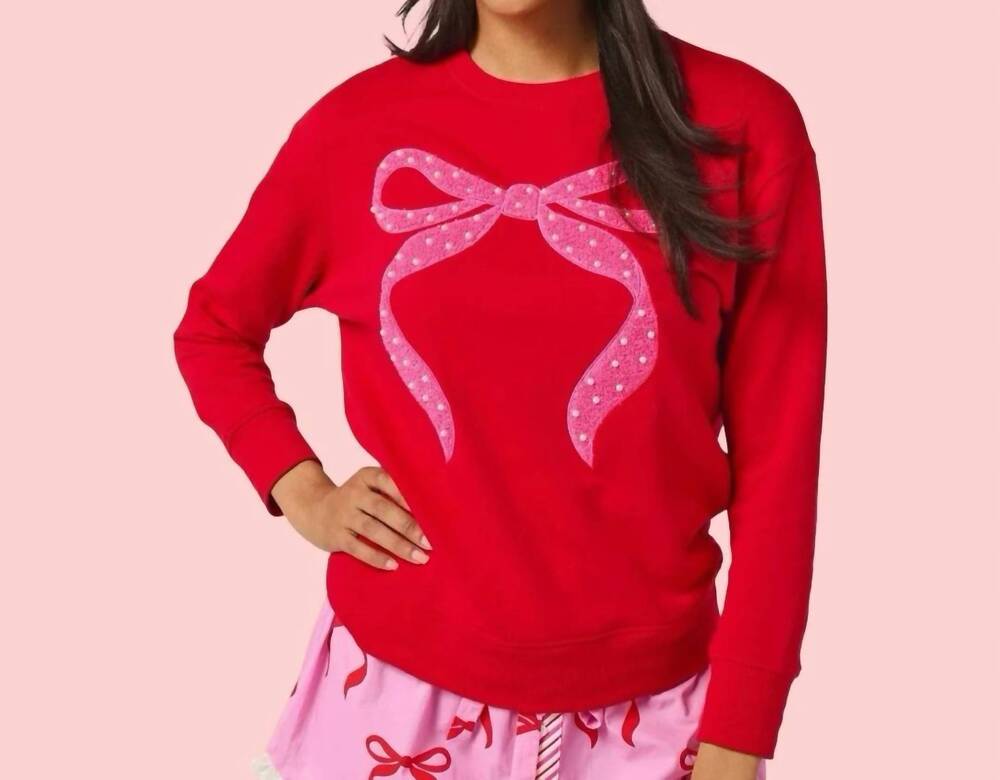 NEW SHIRALEAH pearl bow classic sweatshirt in red